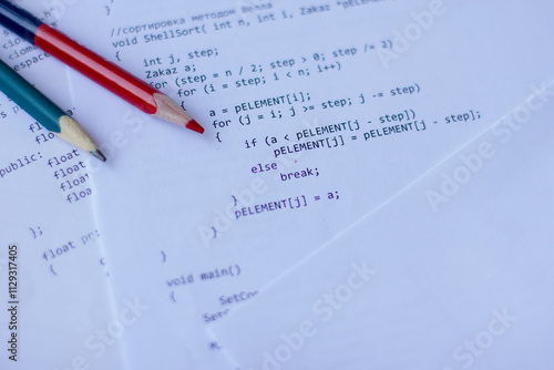 printout of the application code test in the C programming language with errors. Correcting errors in the programming test