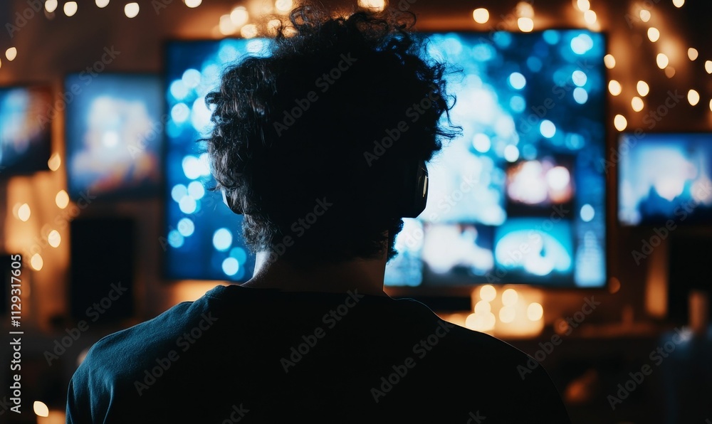 Person watching screens, illuminated by lights. Person watching screens, illuminated by lights.