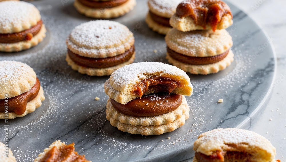 Bright homemade alfajores filled with dulce de leche, golden brown with powdered sugar, laid out on a gray marble surface with rustic charm Bright homemade alfajores filled with dulce de leche, golden brown with powdered sugar, laid out on a gray marble surface with rustic charm