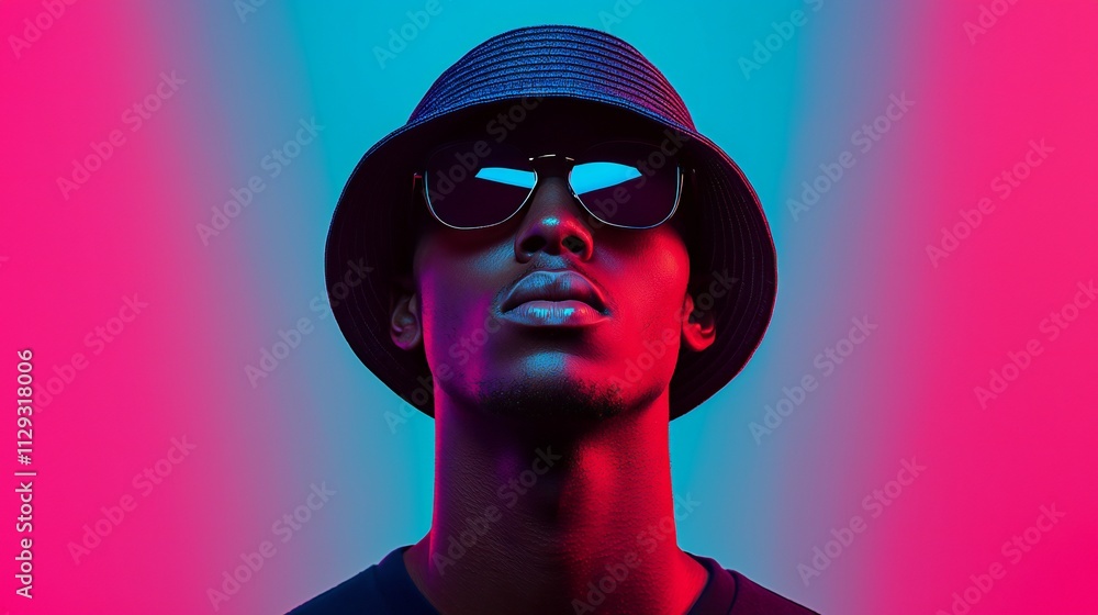 Stylish Man in Sunglasses and Bucket Hat Neon Pink Blue Stylish Man in Sunglasses and Bucket Hat Neon Pink Blue