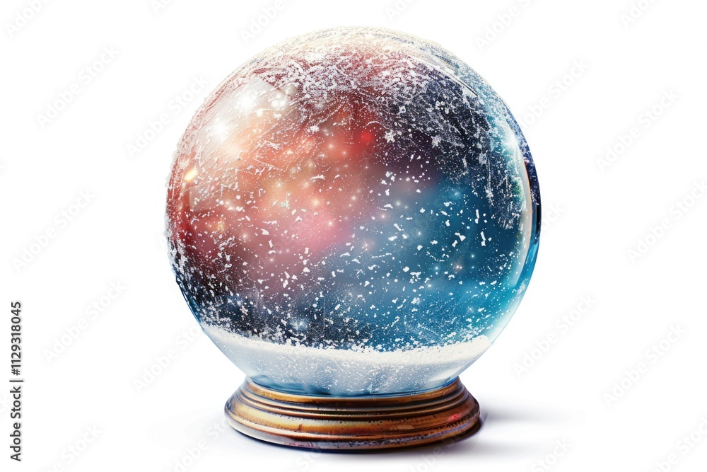 A miniature winter scene inside a glass sphere, surrounded by a wooden stand A miniature winter scene inside a glass sphere, surrounded by a wooden stand