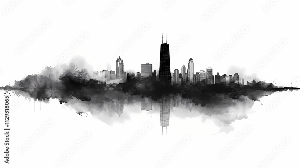 Black and white silhouette of the chicago skyline with a watercolor effect. Horizon. Illustration