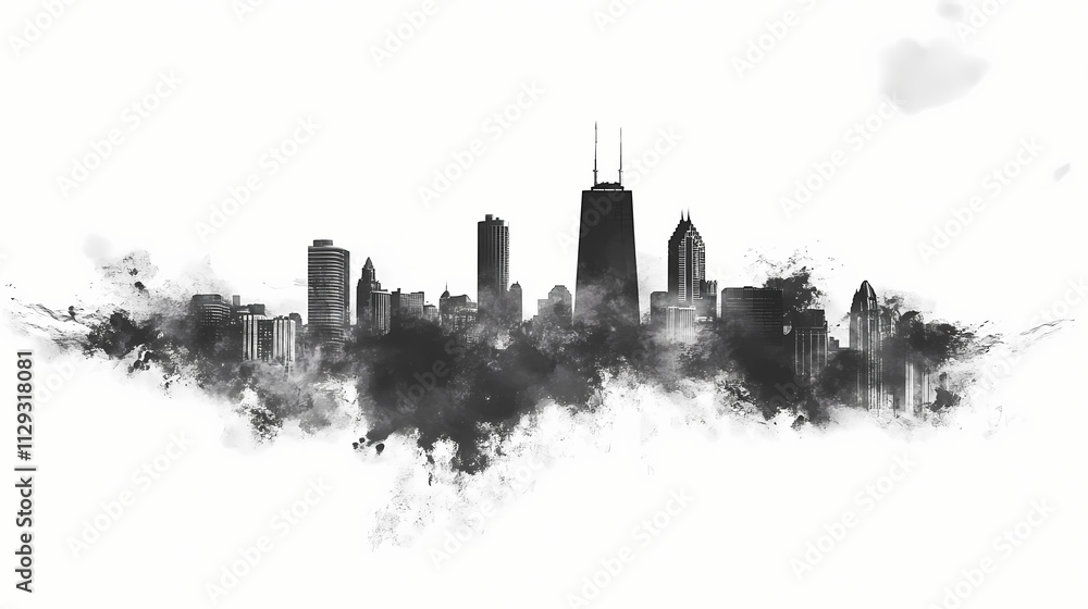 Fototapeta premium Black and white silhouette of the chicago skyline with a watercolor effect. Horizon. Illustration