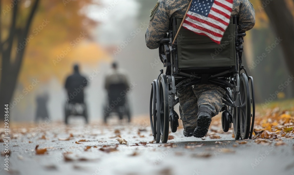 Obraz premium Wheelchair-bound soldier, flag, autumn leaves, path.