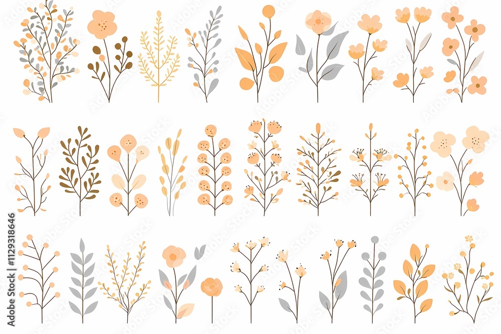 Naklejka premium Elegant Floral Patterns with Soft Yellow and Gray Color Palette