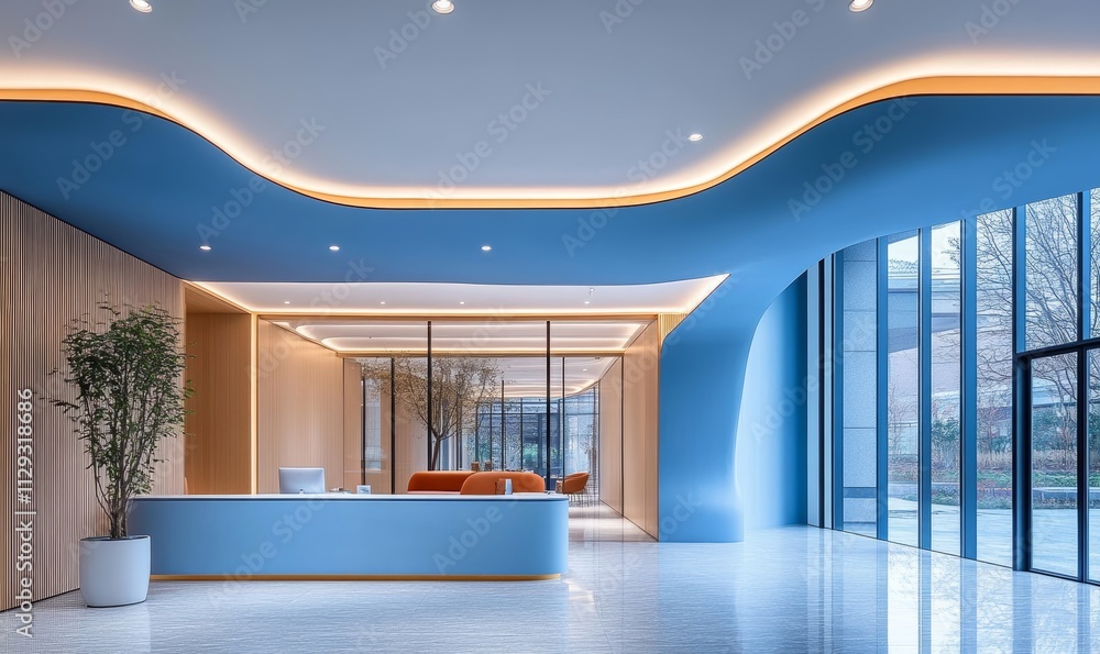 Curved Blue Lines Foster Indoor Serenity, Generative AI Curved Blue Lines Foster Indoor Serenity, Generative AI