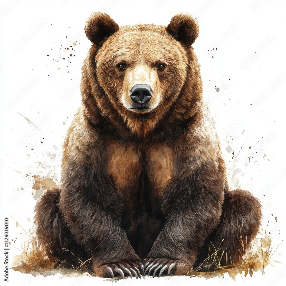 Fototapeta premium A large brown bear sits on the ground in a natural environment