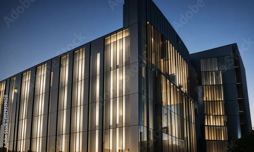 Modern glass building exterior at night.