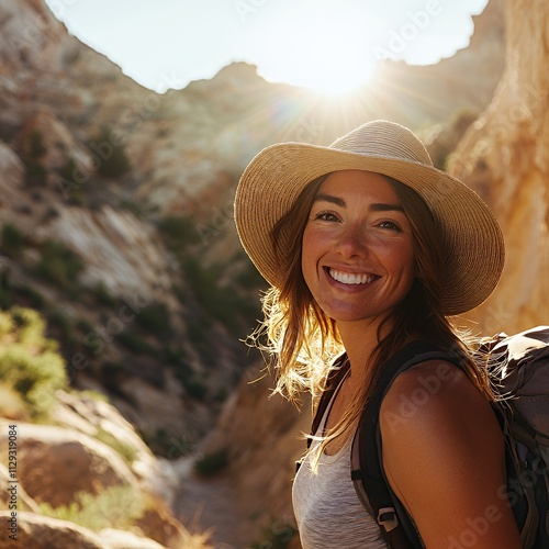 Scenic canyon hike with a happy woman on a sunny day photo