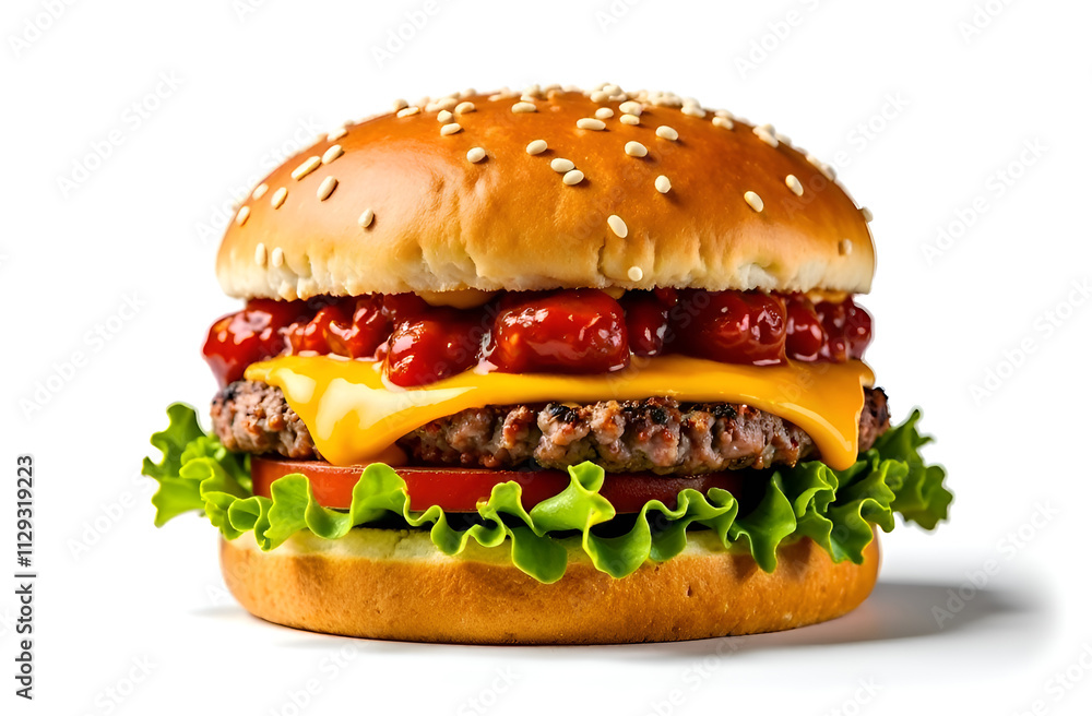 Delicious juicy burger with lots of processed cheese on a white background, advertising, selective focus. Delicious juicy burger with lots of processed cheese on a white background, advertising, selective focus.