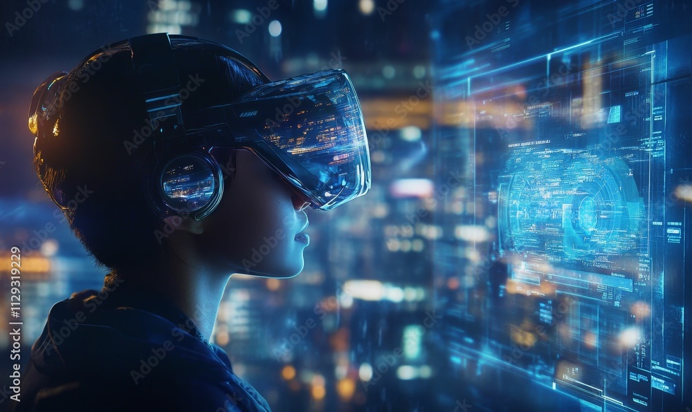 Person wearing headset, viewing digital interface, futuristic city backdrop. Person wearing headset, viewing digital interface, futuristic city backdrop.