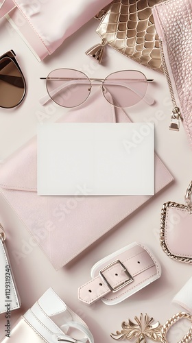 Stylish Pink Accessories Sunglasses Bags Blank Card Mockup