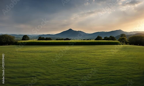 Serene sunset landscape with grassy field framed by open gates and mountain view.