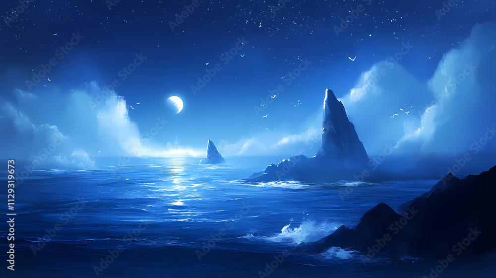 Deep blue ocean with foggy horizon. Horizon. Illustration Deep blue ocean with foggy horizon. Horizon. Illustration