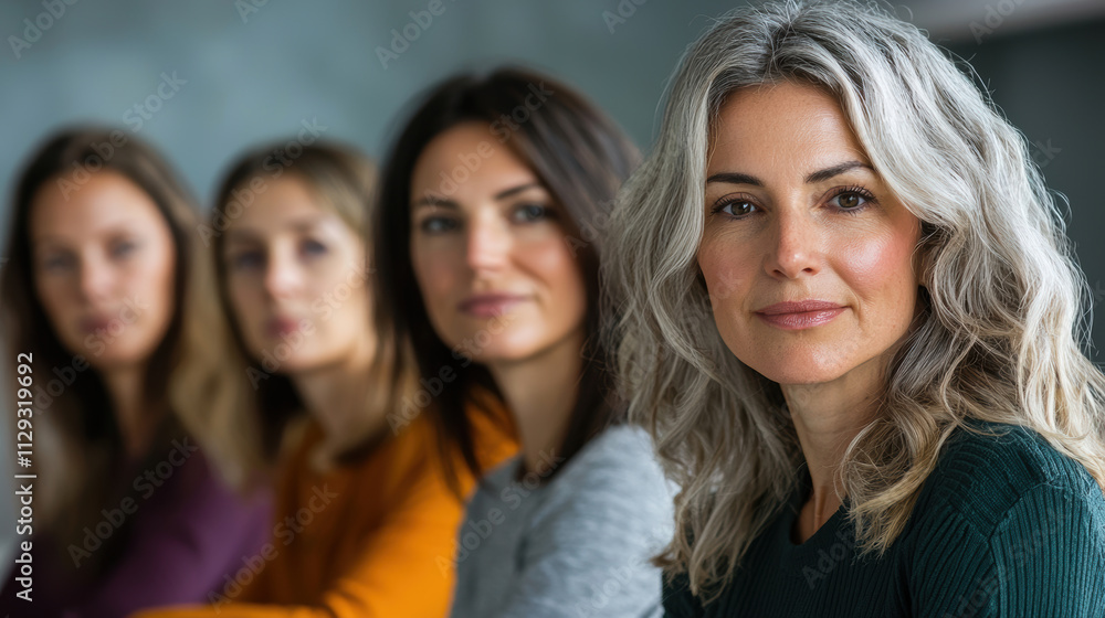 Empowered women of various ages and backgrounds sitting together, showcasing diversity and strength Empowered women of various ages and backgrounds sitting together, showcasing diversity and strength