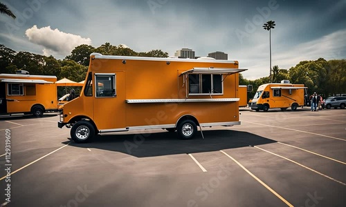 Orange food truck parked in a lot with other food trucks and people.
