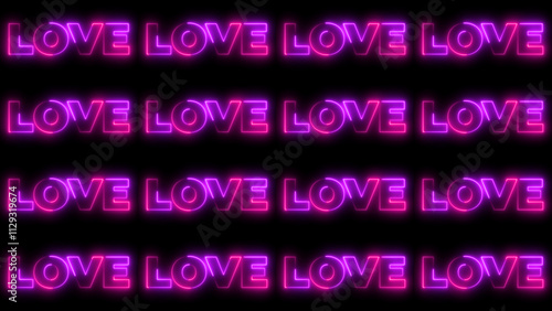 The inscription Love in neon color on a black background. Happy Valentine's Day. Postcards for February 14