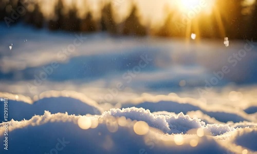 Sparkling snow falling on a sunny winter landscape.