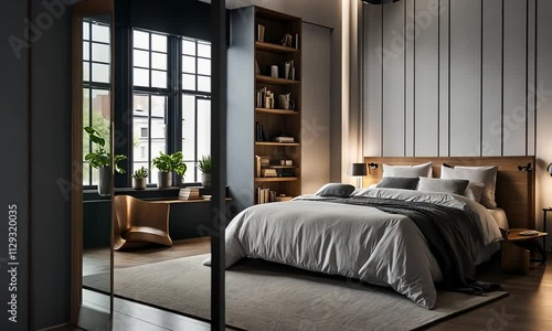 Modern bedroom with large windows, wooden headboard, and bookshelves.