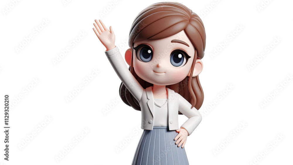 Cheerful animated character waving studio setting 3d model bright environment close-up view for kids Cheerful animated character waving studio setting 3d model bright environment close-up view for kids