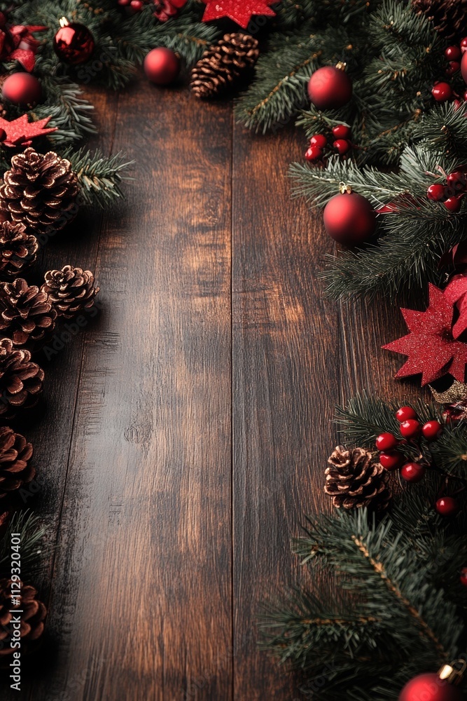 Festive christmas border with pinecones, ornaments, and evergreen foliage on wooden background Festive christmas border with pinecones, ornaments, and evergreen foliage on wooden background