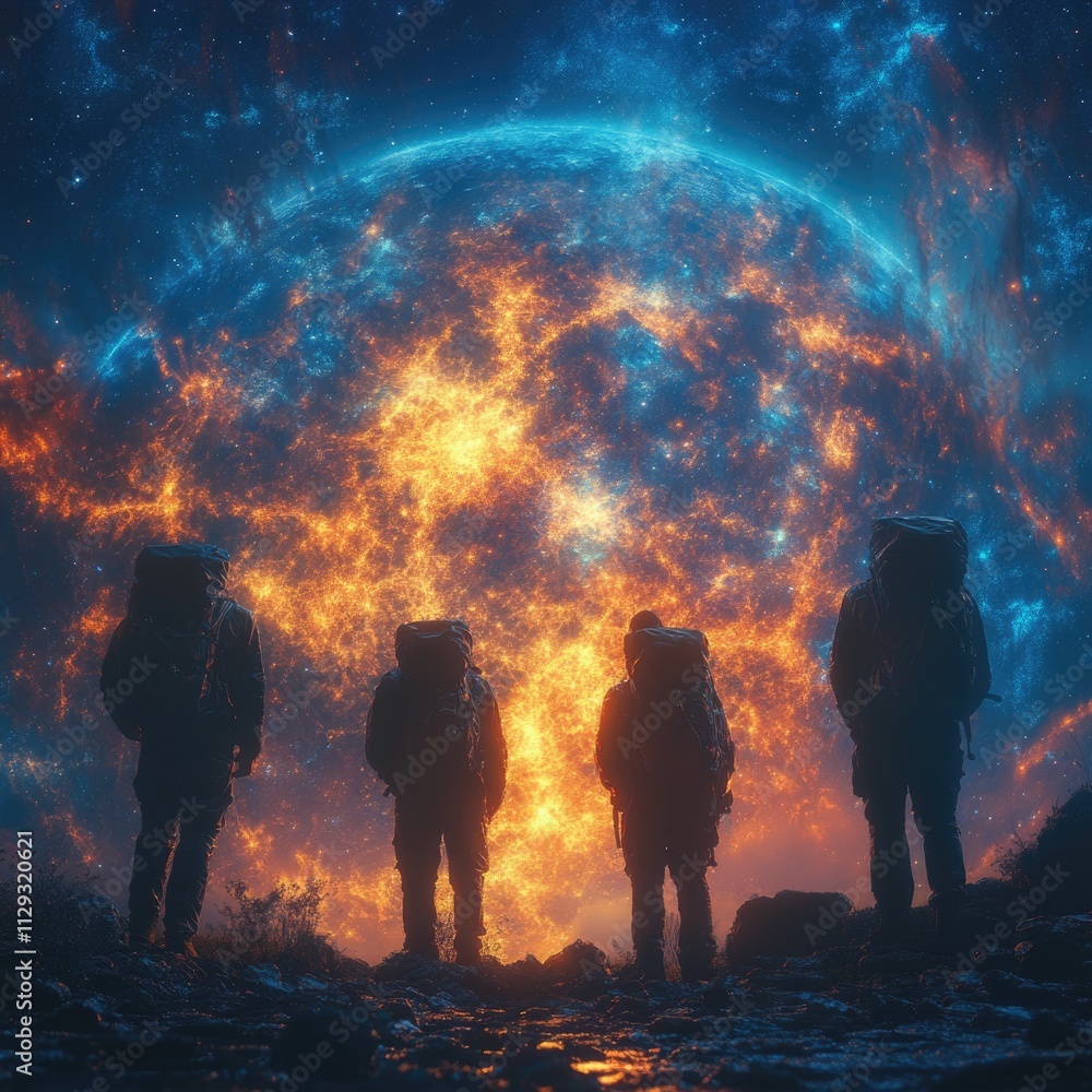 Group of people standing at the summit of a mountain, enjoying the scenery