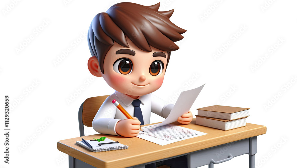 Young boy studying at desk classroom illustration bright environment focused viewpoint on learning Young boy studying at desk classroom illustration bright environment focused viewpoint on learning