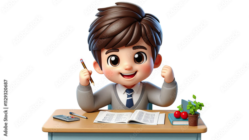 Cheerful student celebrating learning at desk in bright classroom cartoon illustration Cheerful student celebrating learning at desk in bright classroom cartoon illustration