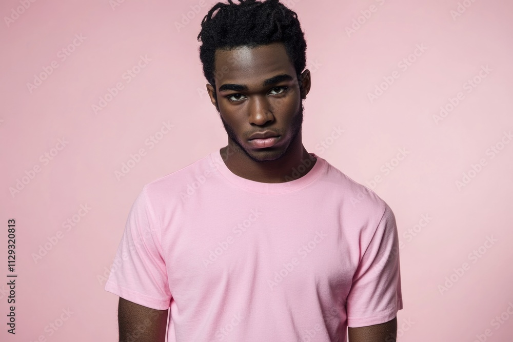 A person posing for a photo wearing a bright pink t-shirt A person posing for a photo wearing a bright pink t-shirt
