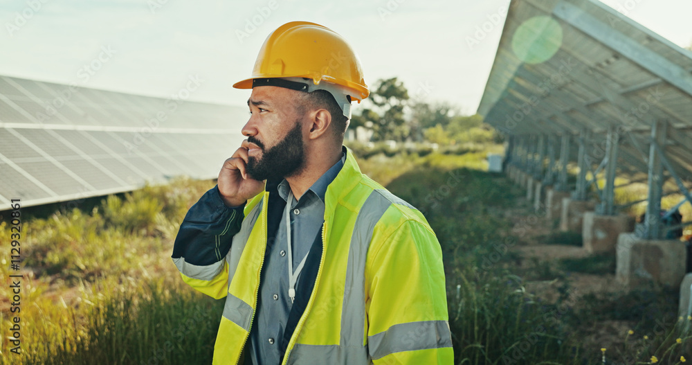 Engineer, solar panel and man with phone call outdoor for photovoltaic plate inspection and maintenance feedback. Worker, talking and planning network integration, quality assurance or safety on farm Engineer, solar panel and man with phone call outdoor for photovoltaic plate inspection and maintenance feedback. Worker, talking and planning network integration, quality assurance or safety on farm