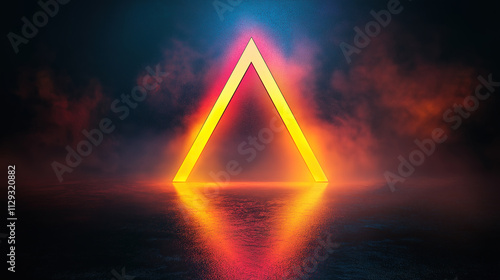 Neon Triangle Shape on Dark Background with Sparkling Effect. A vibrant, neon triangle graphic stands out against a dark background, featuring a sparkling, textured effect.