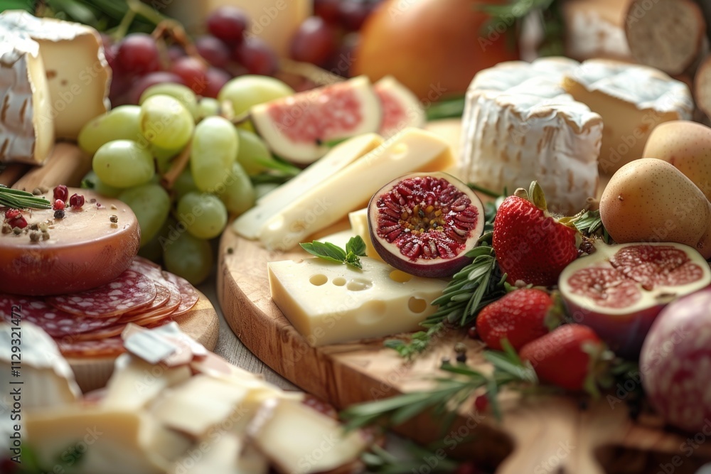 A colorful arrangement of various cheeses and fruits on a wooden cutting board A colorful arrangement of various cheeses and fruits on a wooden cutting board