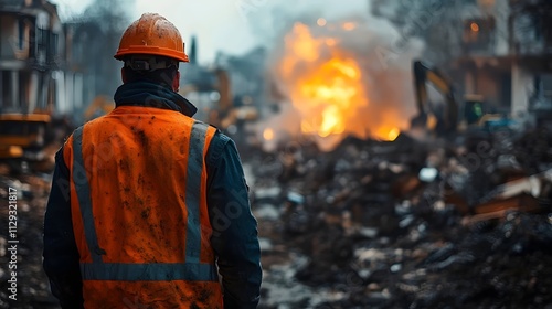 A man in an orange safety vest stands in front of a pile of rubble