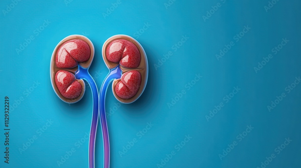 Illustration of human kidneys with renal tubes on a blue background showcasing anatomical details and structure Illustration of human kidneys with renal tubes on a blue background showcasing anatomical details and structure