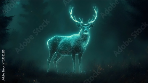 A deer with glowing antlers stands in a dark forest photo