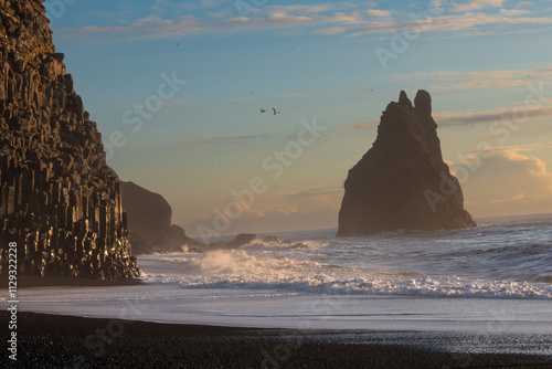 Reynisfjara black sand beach, on the south coast of Iceland, on a winter morning. Beautiful Icelandic landscape. photo