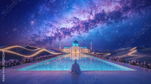 Muslim Woman Sitting by a Pool in Front of Mosque at Night. Ramadan Kareem background photo