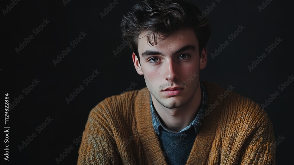 Obraz premium Young man in cardigan, extra space.