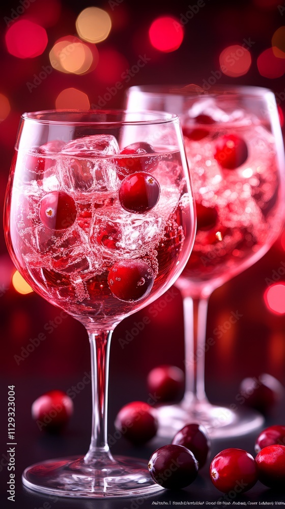 Refreshing cranberry drinks with ice in elegant glasses on a festive background Refreshing cranberry drinks with ice in elegant glasses on a festive background