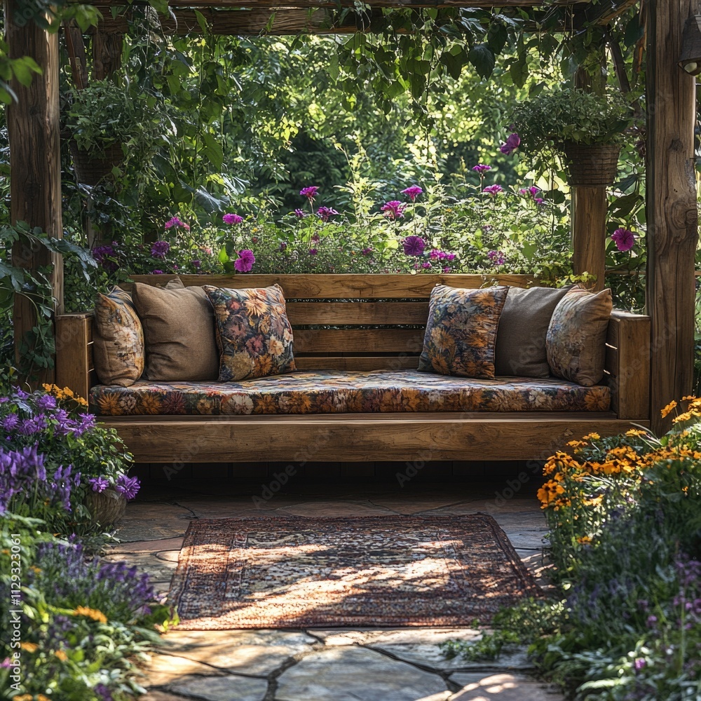 A wooden bench sits in the middle of a beautiful garden, surrounded by lush greenery and vibrant flowers A wooden bench sits in the middle of a beautiful garden, surrounded by lush greenery and vibrant flowers