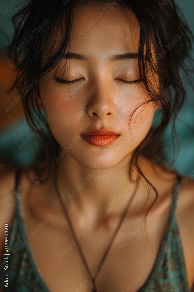 A close-up shot of a woman with her eyes shut, highlighting her facial features A close-up shot of a woman with her eyes shut, highlighting her facial features