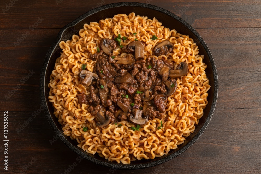 Overhead view of delicious beef and mushroom ramen noodles in a cast iron skillet. Overhead view of delicious beef and mushroom ramen noodles in a cast iron skillet.