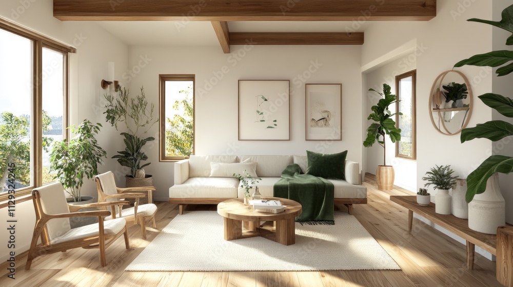 Modern minimalist living room with natural light, wooden floors, comfy sofa, and green plants. Modern minimalist living room with natural light, wooden floors, comfy sofa, and green plants.