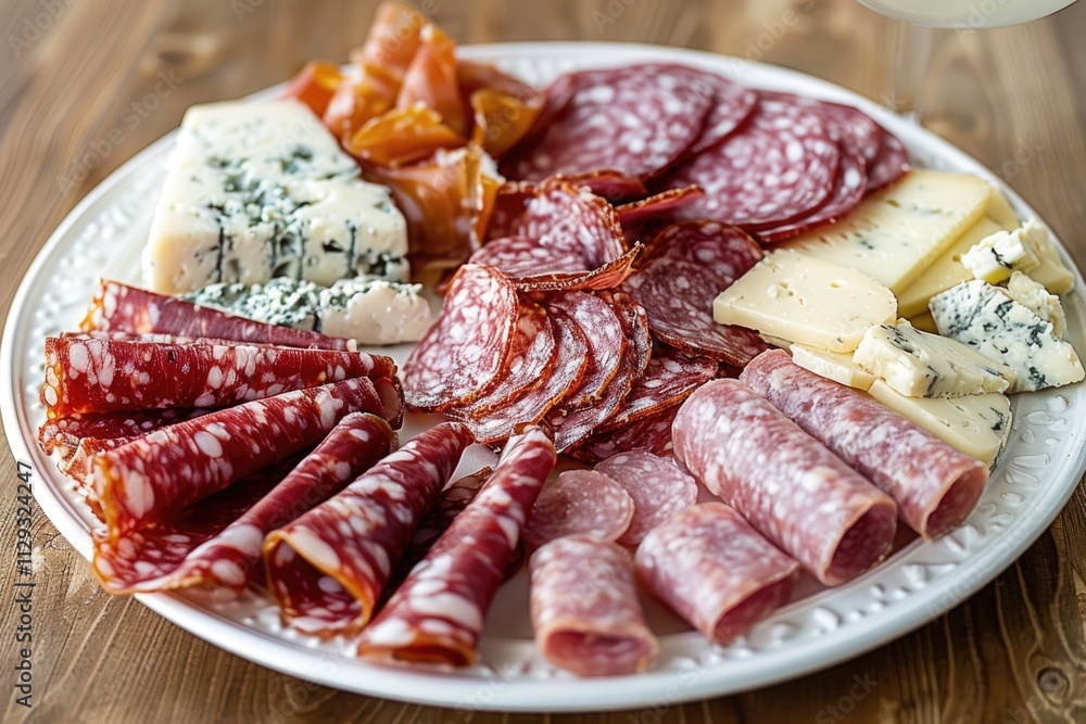 A white plate topped with sliced meats and melted cheeses A white plate topped with sliced meats and melted cheeses