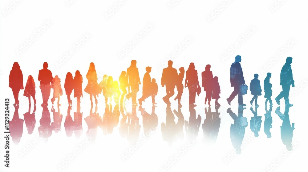 Colorful silhouettes of people walking, reflected below. Colorful silhouettes of people walking, reflected below.