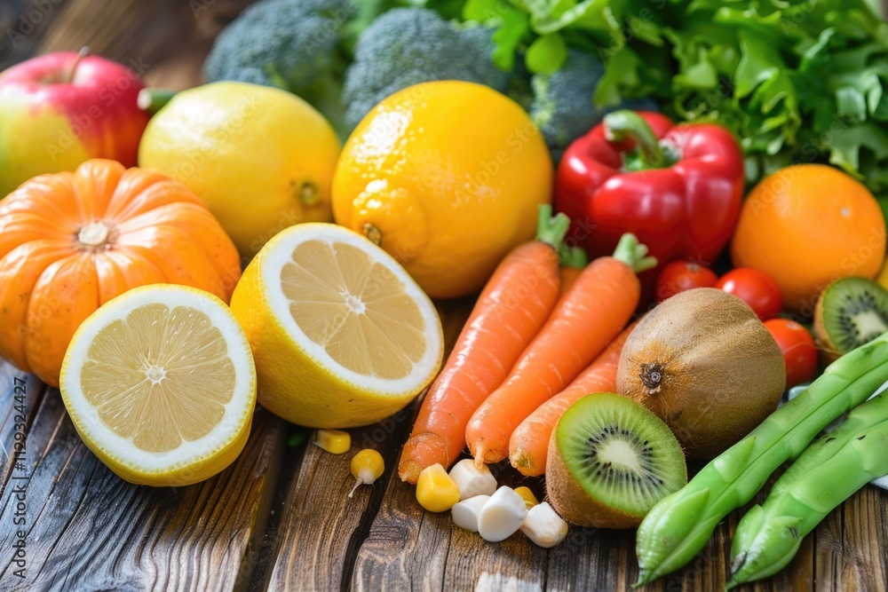 Assorted fruits and veggies arranged on a wooden surface Assorted fruits and veggies arranged on a wooden surface