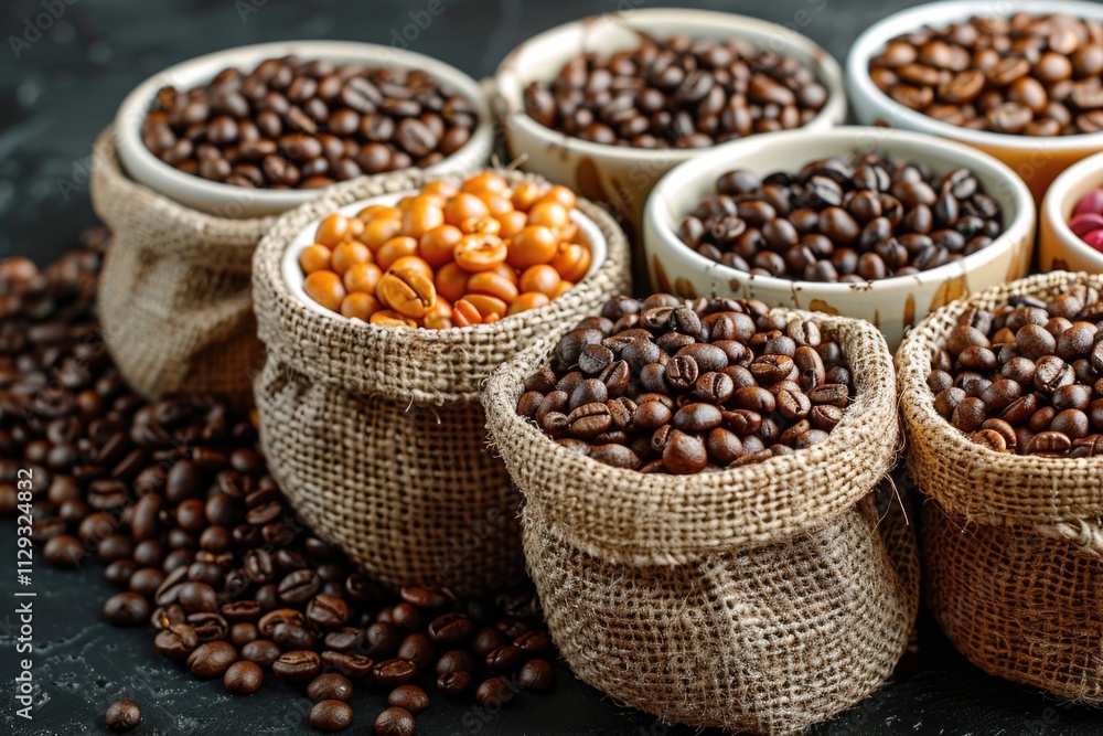 Packed bags filled with freshly roasted coffee beans Packed bags filled with freshly roasted coffee beans