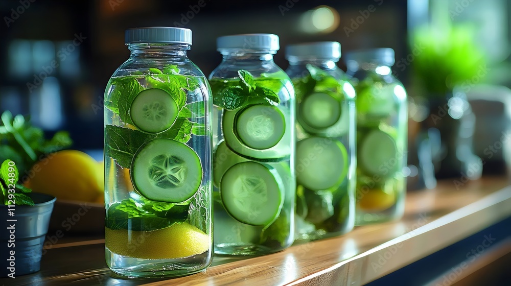 A row of four glass bottles filled with cucumber slices and lemon wedges A row of four glass bottles filled with cucumber slices and lemon wedges
