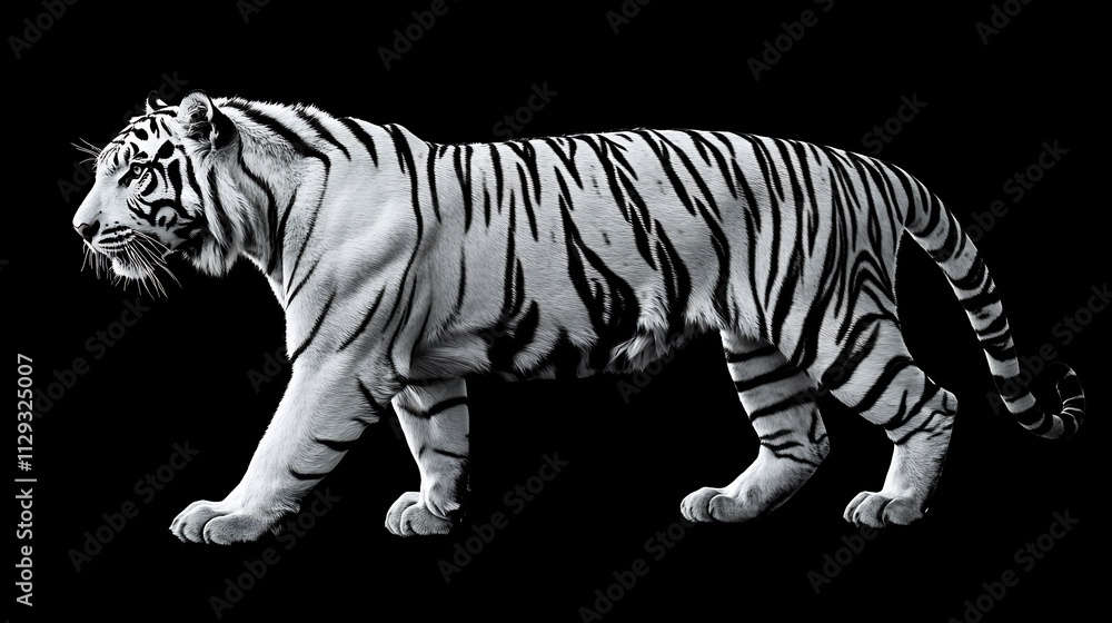 Striking Pose of a White Tiger on Black Background Striking Pose of a White Tiger on Black Background