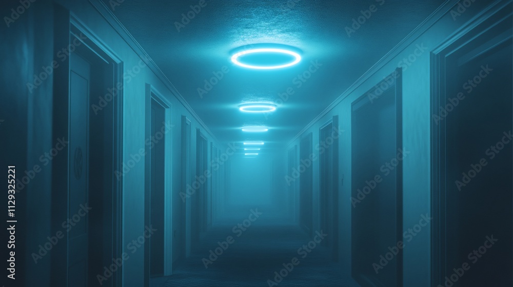 Eerie blue-lit hallway with doors and fog. Eerie blue-lit hallway with doors and fog.